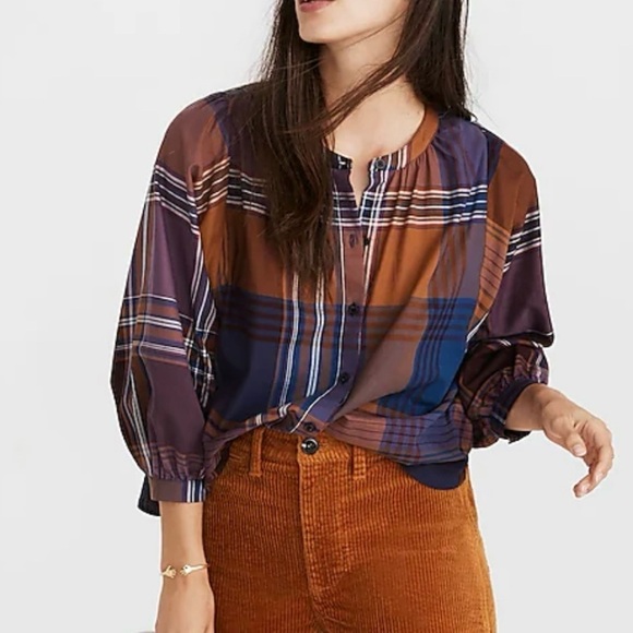 Madewell Tops - Madewell plaid crew neck button front dolman cut flannel shirt small